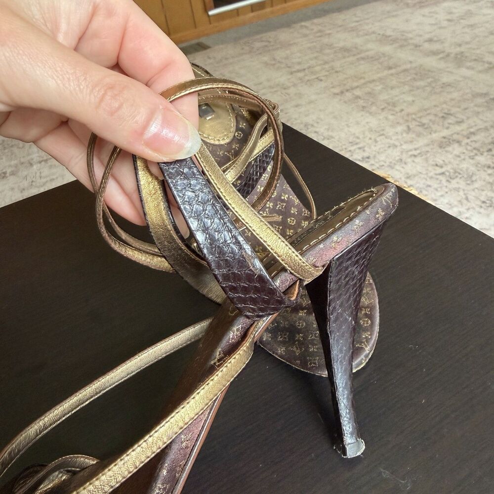 Louis Vuitton Brown Python And Metallic Gold Leather Strappy Sandals Size 39 - Picture 14 of 16